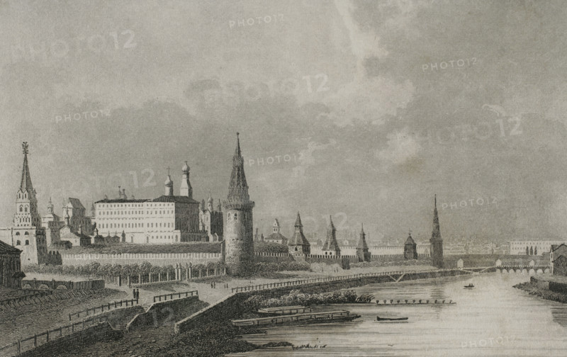 View of the Kremlin from the Stone Bridge, Moscow, Russia, 1839. Creator: Samuel Cholet.