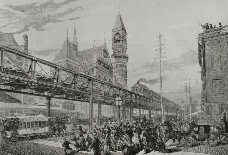 Inauguration of the elevated railway over streets and squares, New York, April 29, 1878.  Creator: Enrique Alba.