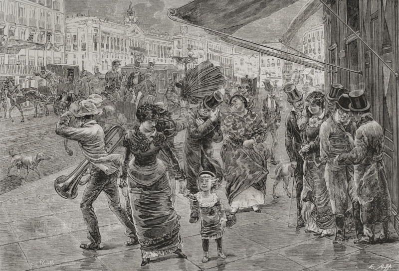 Puerta del Sol (Gate of the Sun), Madrid, 1878. People walking surprised by the wind.  Creator: Enrique Alba.