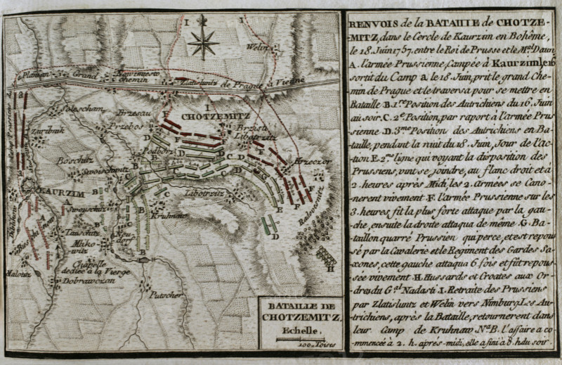Seven Years War (1756-1763): Map of the Battle of Chotzemitz (18 June 1757), 1765. Creator: Jean de Beaurain.