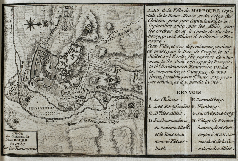 Seven Years War (1756-1763): Map of Marburg and siege of the castle, Hesse, 1759 (1765). Creator: Jean de Beaurain.
