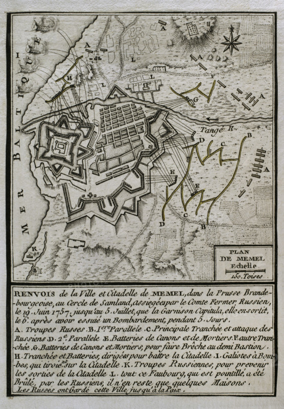 Seven Years War (1756-1763): Map of the Russian bombardment of Memel, 1757 (1765). Creator: Jean de Beaurain.