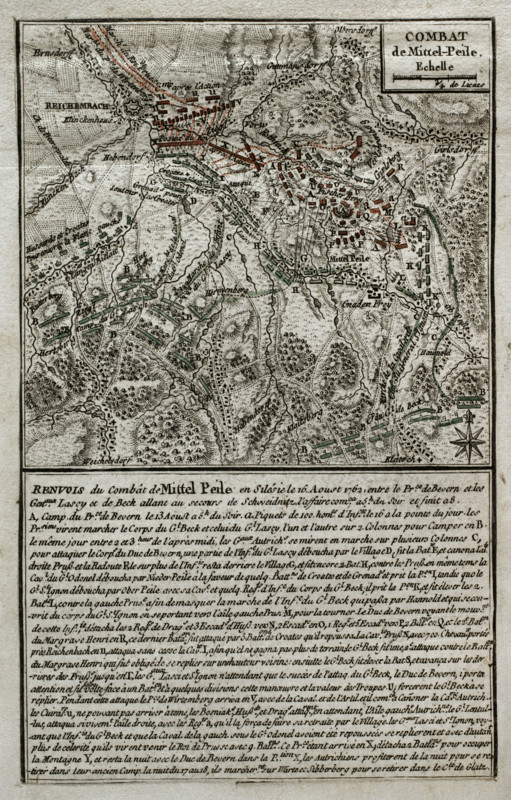 Seven Years War (1756-1763): Map of Mittel Peile, Battle of Reichenbach (August 16, 1762), 1765. Creator: Jean de Beaurain.