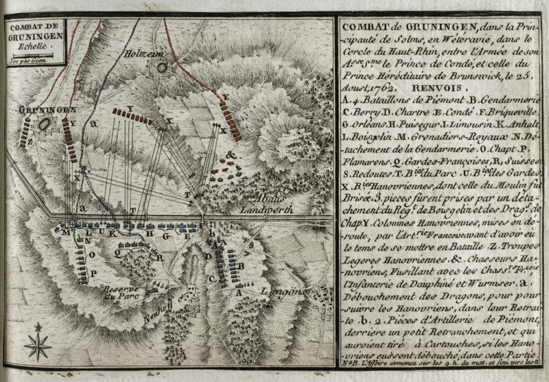 Seven Years War (1756-1763): Map of the Combat of Grüningen (25 August 1762), 1765. Creator: Jean de Beaurain.
