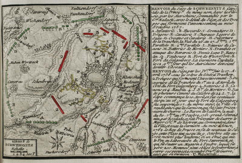 Seven Years War (1756-1763): Third Silesian War - map of the Siege of Schweidnitz, 1757 (1765). Creator: Jean de Beaurain.