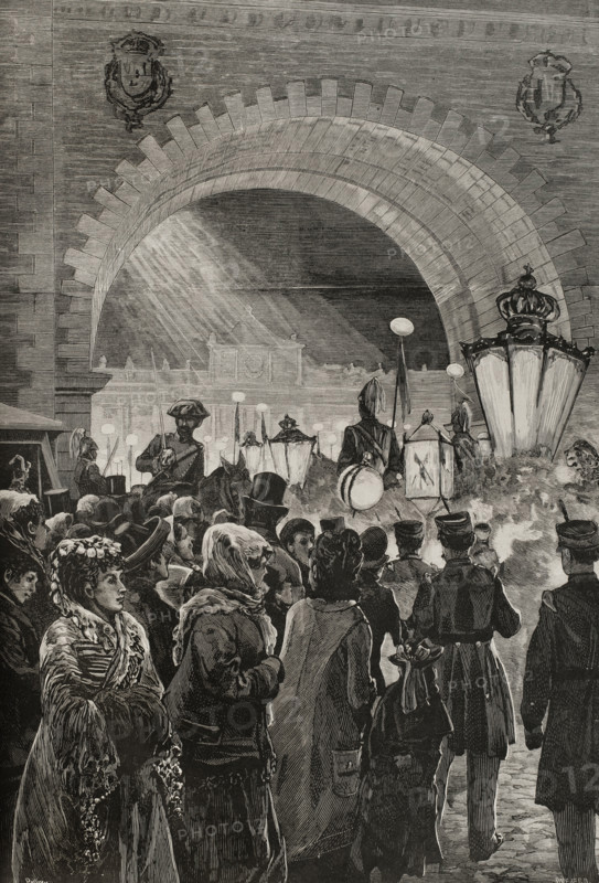 Crowds and soldiers during royal wedding celebrations, Madrid, January 27, 1878.  Creator: Andrés Ovejero.