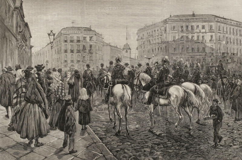 Buglers playing military reveille, Madrid, Spain, on the day of the royal wedding, 1878. Creator: Enrique Alba.