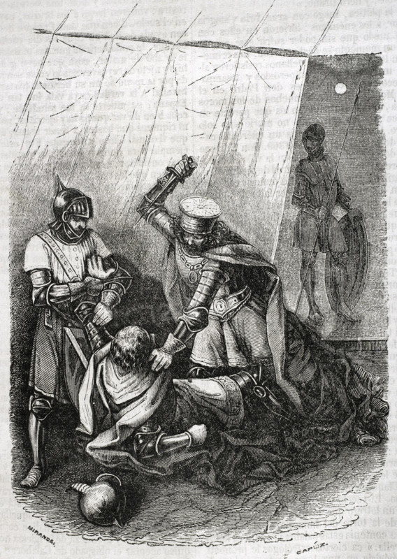 Beltrán Duguesclín and the king's half-brother, Enrique de Trastámara, stabbing King Pedro..., 1852. Creator: Tomás Carlos Capuz.