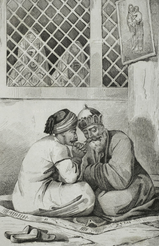Armenian bishop confessing to a faithful, 1838. Creators: Unknown, Francois Pigeot.