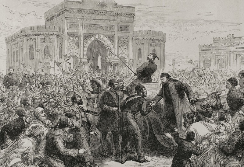 Reception to Osman Nuri Pasha on his entrance to the Ministry of War (Seraskierate)...(1878). Creator: Unknown.