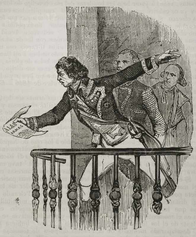 Manuel Godoy reading a manifesto...calling to arms against the English, December 1804, (1851).  Creator: Unknown.