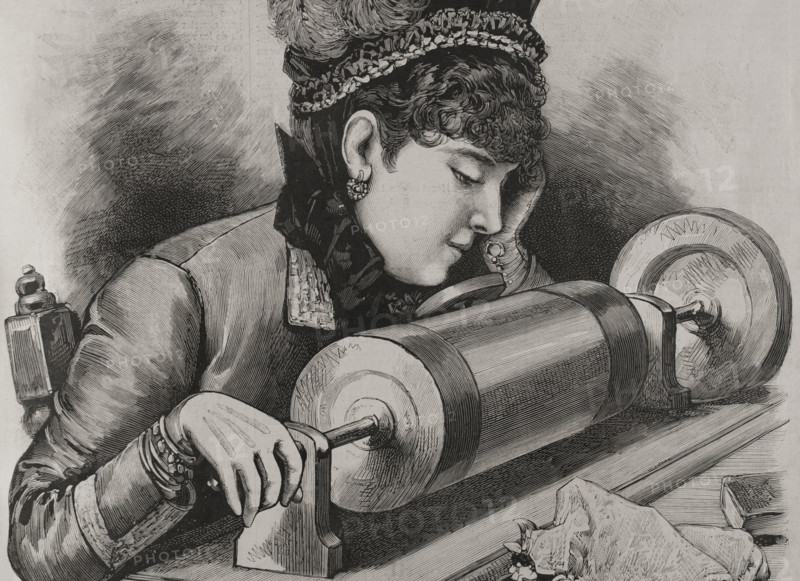 A "prima donna" singing by using Edison's phonograph receiver, 1878. Creator: Unknown.