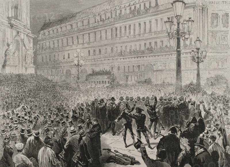 The Spanish Estudiantina - Serenade in the Opera Square, March 7, 1878, Paris Carnival of 1878. Creator: Unknown.