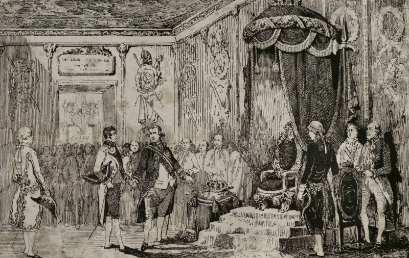 Abdication of King Charles IV in favour of his son Ferdinand VII, March 19, 1808, (1851).   Creator: Unknown.