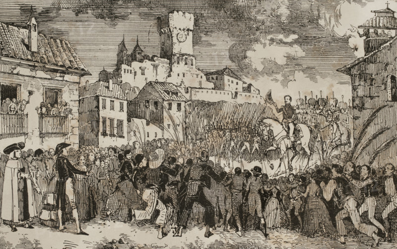 Entry into Spain of French general Pierre Antoine Dupont de l'Etang in 1808, (1851).  Creator: Unknown.