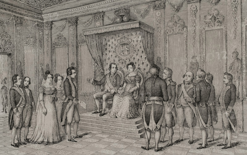 Manuel Godoy in the presence of Charles IV and Maria Luisa of Parma, c1801, (1851). Creator: Unknown.