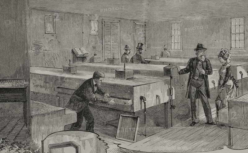 Artificial hatching of hen eggs by the Baker method, incubators room, 1878. Creator: Unknown.