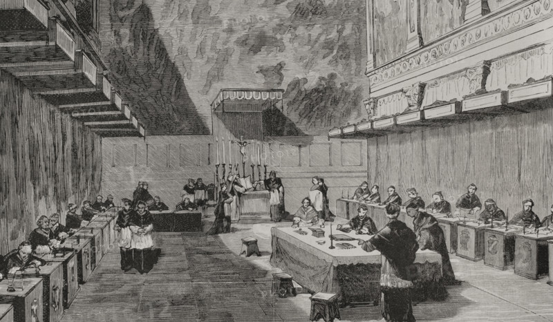 The conclave for the election of Pope Leo XIII, Rome, 1878.  Creator: Unknown.