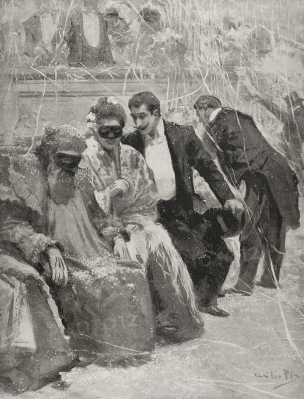 At the dance - carnival scene at the Baile del Real, Madrid, Spain 1898.  Creator: Enrique Laporta Valor.