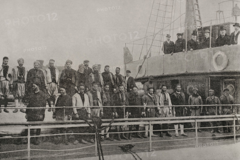 British men, captured by troops of the Sultan, on board the steamship "Al-Hassani", Morocco, 1898. Creator: Unknown.