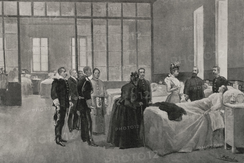 Spanish-American War (1898): Queen Maria Christina visiting wounded soldiers, Madrid, Spain, 1898.  Creator: Enrique Laporta Valor.