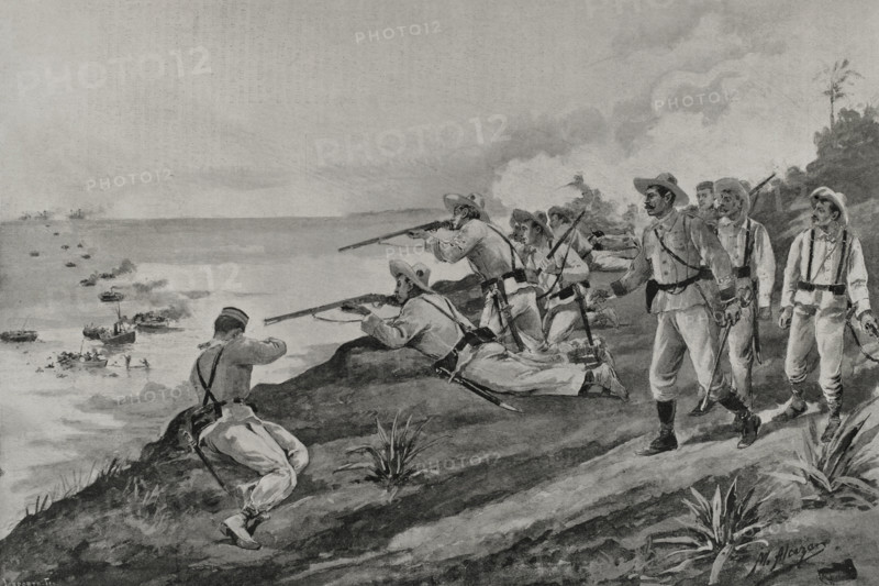 Spanish-American War: Spanish soldiers attacking US troops landing on the coast of Cuba, 1898.  Creator: Enrique Laporta Valor.