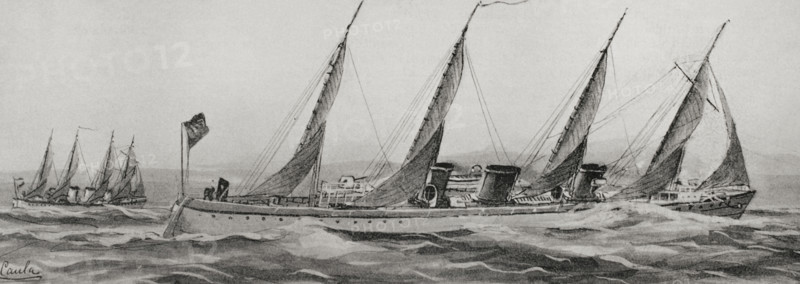 Spanish-American War: Spanish torpedo boats on their way to the island of Cuba, 1898. Creator: Antonio de Caula.
