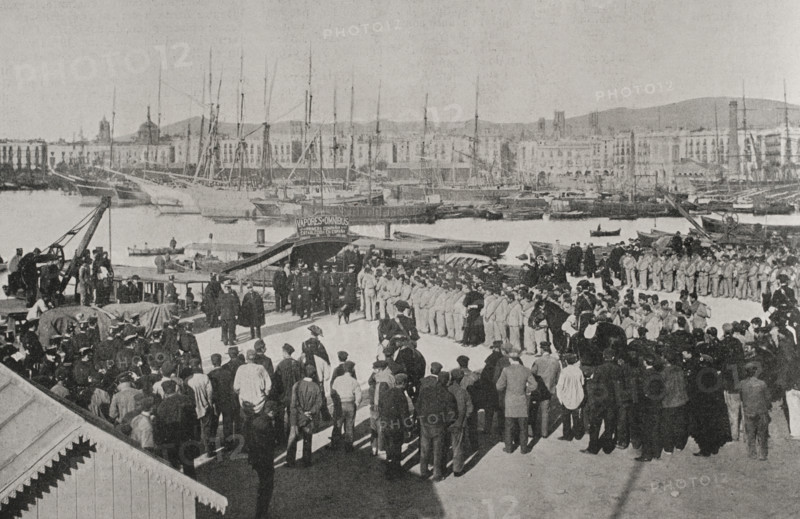 Troops embarkation for the island of Cuba from the port of Barcelona, Spain, 25 February 1898.  Creator: Unknown.