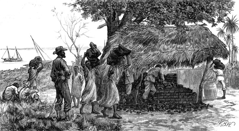 The Slave Trade on the East Coast of Africa: coaling station for... H.M.S. London, at Funzi..., 1881 Creator: W. B. W..