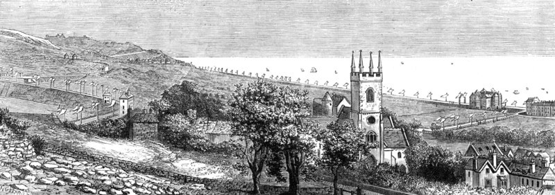 Improvements on the Kentish coast: view looking from Hythe eastward to Sandgate, 1881. Creator: W. G. Kemp.