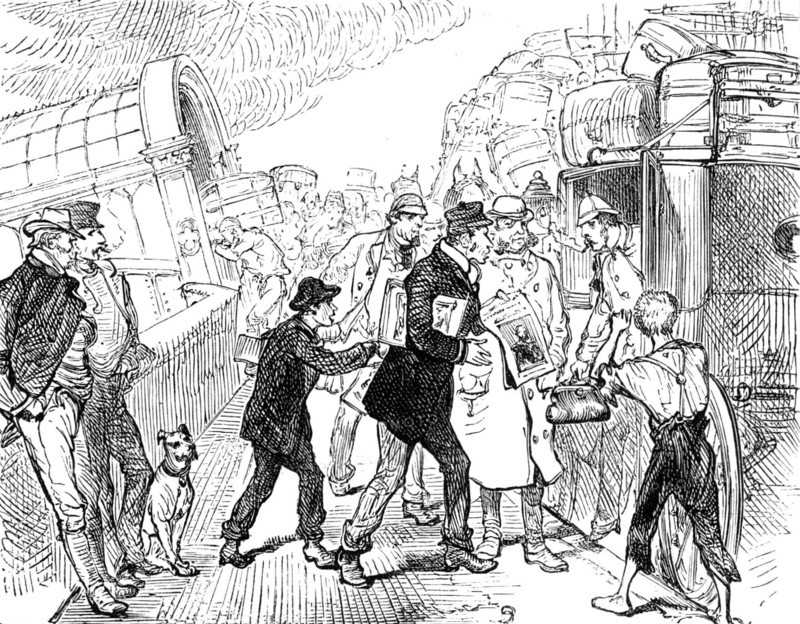 Departure of a Cunard steamer from Liverpool: passengers arriving at the landing-stage, 1881. Creator: Unknown.