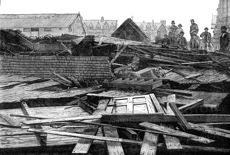 The Late Destructive Gale of Wind: ruins of the iron church at Whitby after the gale, 1881. Creator: Unknown.