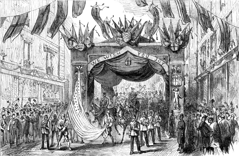 The Lord Mayor's Procession: Arch in Broad-Street - the American flag, 1881. Creator: Unknown.