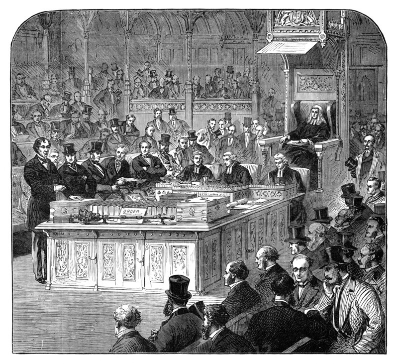 The late Lord Beaconsfield: Mr. Disraeli addressing the House of Commons as Chancellor, 1867, (1881) Creator: Unknown.