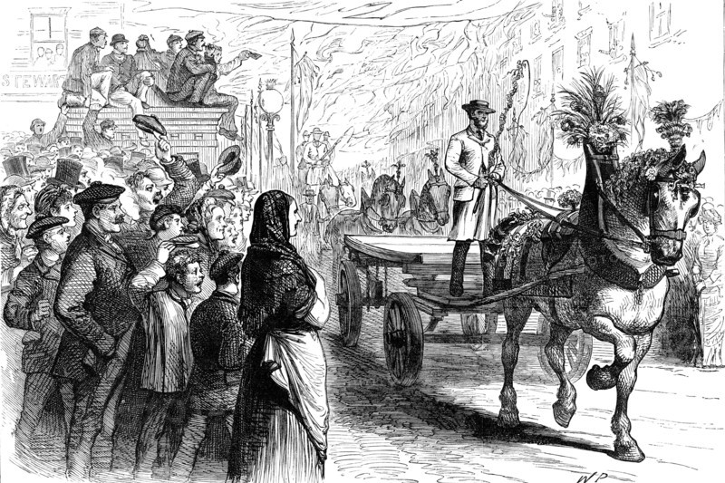 George Stephenson Centenary at Newcastle-on-Tyne: procession of draught horses, waggons, etc, 1881. Creator: W. P..