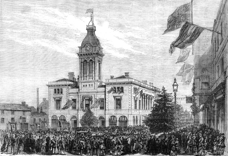 George Stephenson Centenary Festival: procession of benefit societies passing the Market-Hall, 1881. Creator: Unknown.