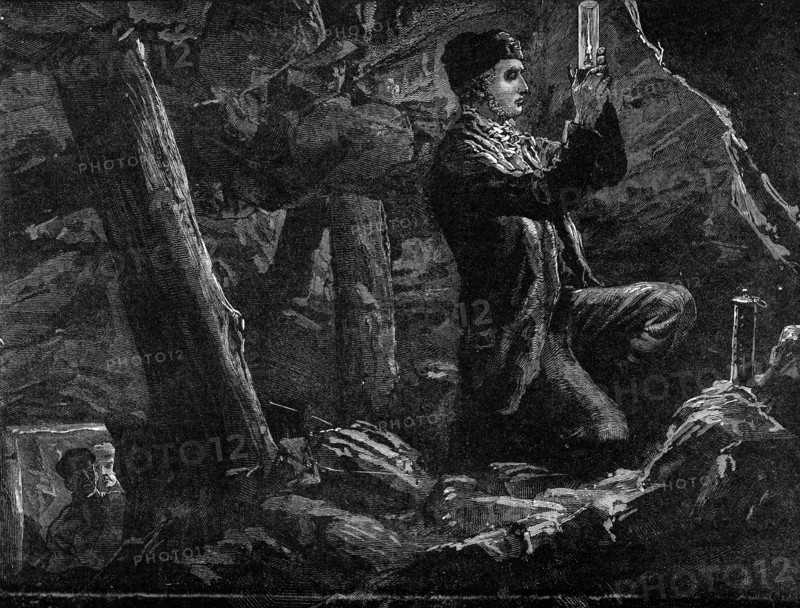 George Stephenson, the Father of Railways: Stephenson experimenting with the Safety Lamp..., 1881. Creator: Unknown.