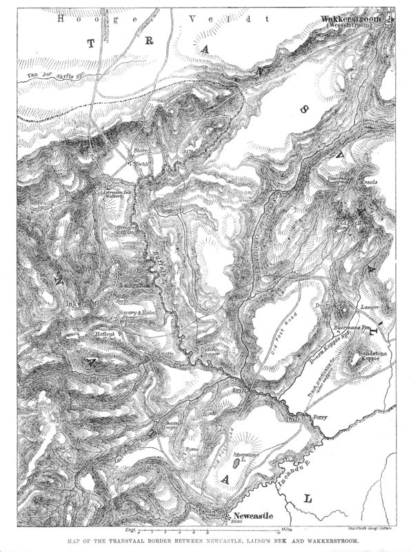 Map of the Transvaal border between Newcastle, Laing's Nek and Wakkerstroom, 1881. Creator: Stanford's Geographical Establishment.