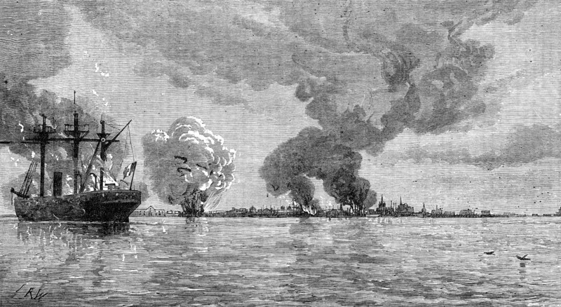 Destruction of the Peruvian fleet by the Peruvians before evacuating Callao, 1881. Creator: Unknown.