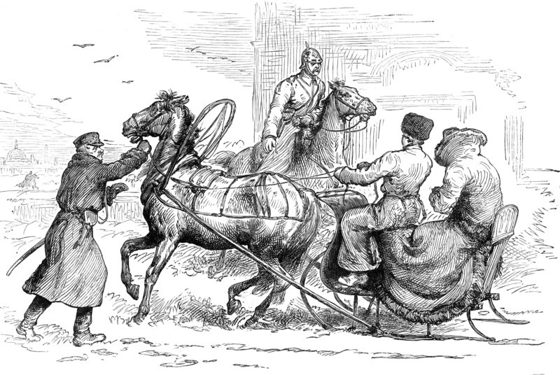 Sketches in St. Petersburg: sledge approaching the city stopped by police, 1881.  Creator: Unknown.
