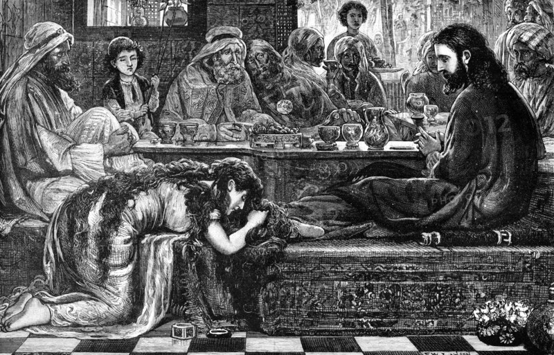 Jesus at the House of the Pharisee, from the picture by F. W. Lawson, 1881. Creator: William James Palmer.