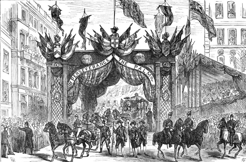 The Lord Mayor's Procession: presenting an address to the Lord Mayor at the Arch..., 1881. Creator: Unknown.