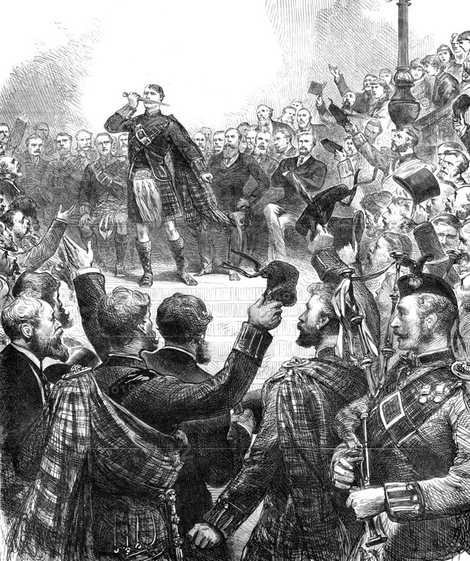 Meeting at Stafford House to protest against the change in the tartans of Highland Regiments, 1881. Creator: Unknown.