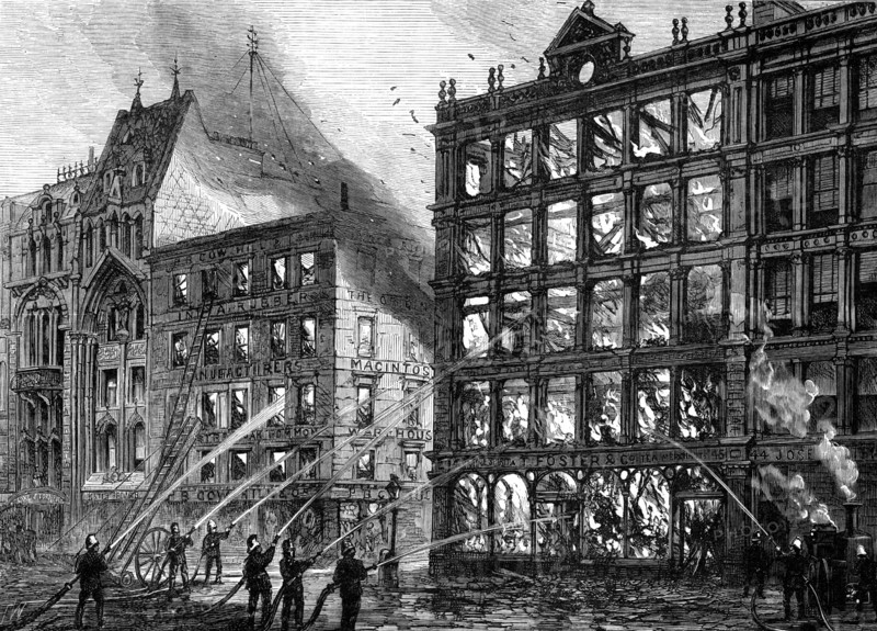 The late fire at the corner of Bread-Street, Cheapside, 1881. Creator: Unknown.