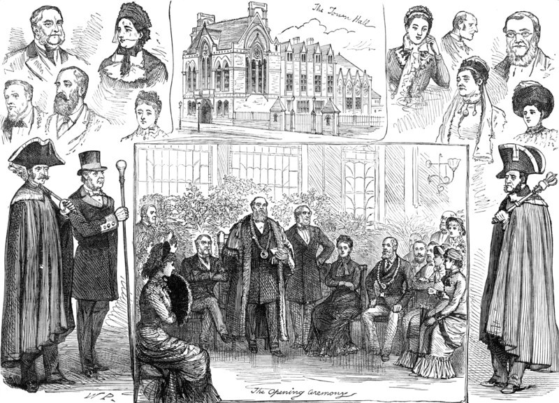 Jottings at the opening of the new Townhall at Hastings, 1881. Creator: W. P..