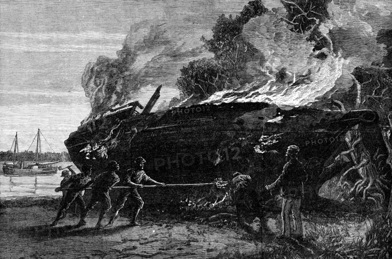 Burning a condemned slave dhow at Funzi, Pemba Island, 1881. Creator: Unknown.
