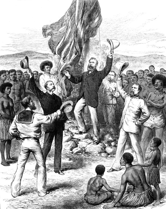 Hoisting the British Flag in New Guinea: Mr. H. M. Chester...calling for cheers, 1883. Creator: Unknown.