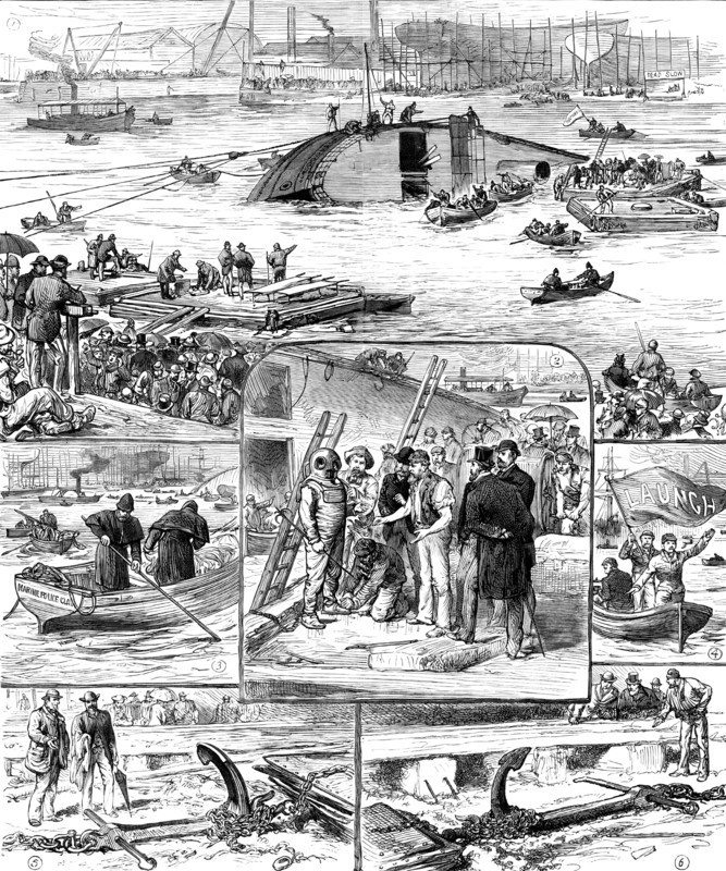 Sketches of the Ship-Launch Disaster at Glasgow, 1883. Creator: Unknown.