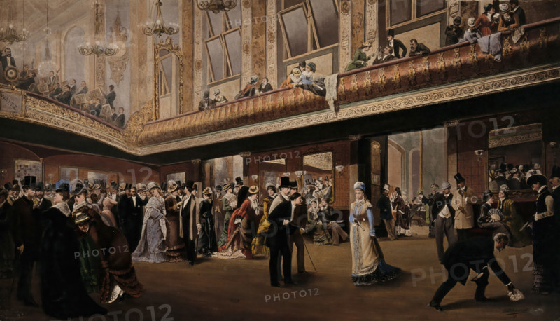 A large gathering inside a galleried ballroom, 1878. Creator: Unknown.