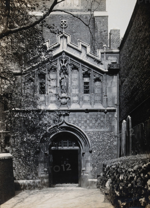The church of St  Bartholomew the Great; exterior view showing the entrance through the west porch. Creator: Rev CF Fison.